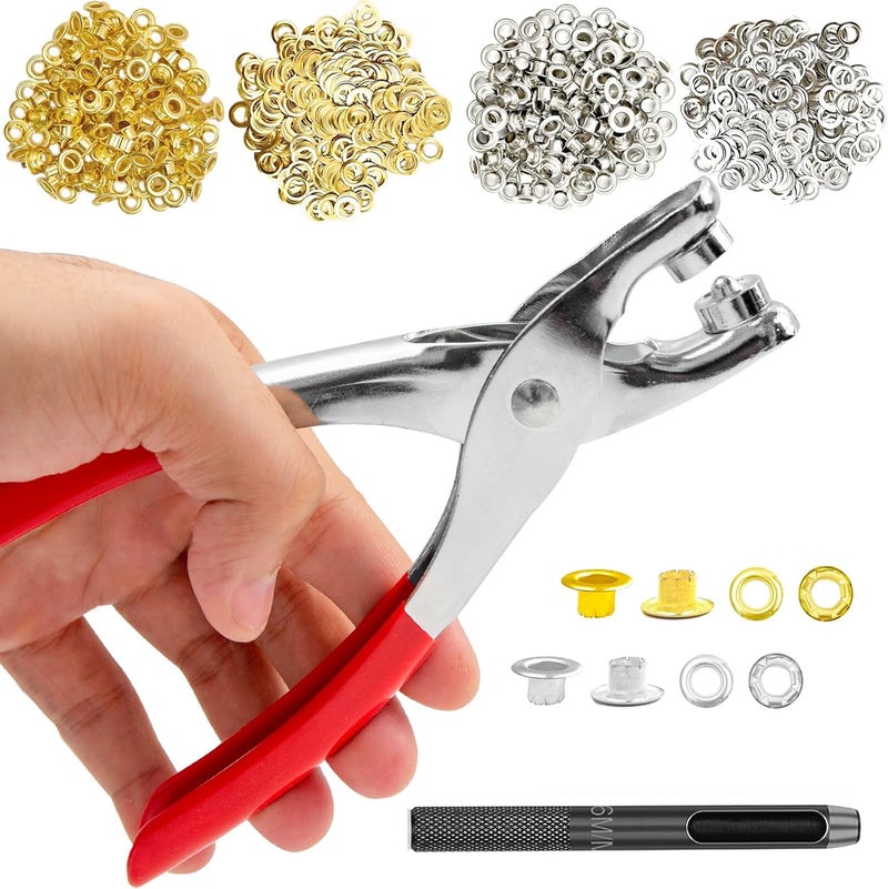 NXTOV 1200Pcs Grommet Tool Kit with Eyelet Pliers, 1/4 Inch 6mm(Inside Diameter) Grommet Eyelet Pliers Kit with Washers, and Hole Punch Hand Press kit (300Set Silver + 300Set Gold) - Image 1